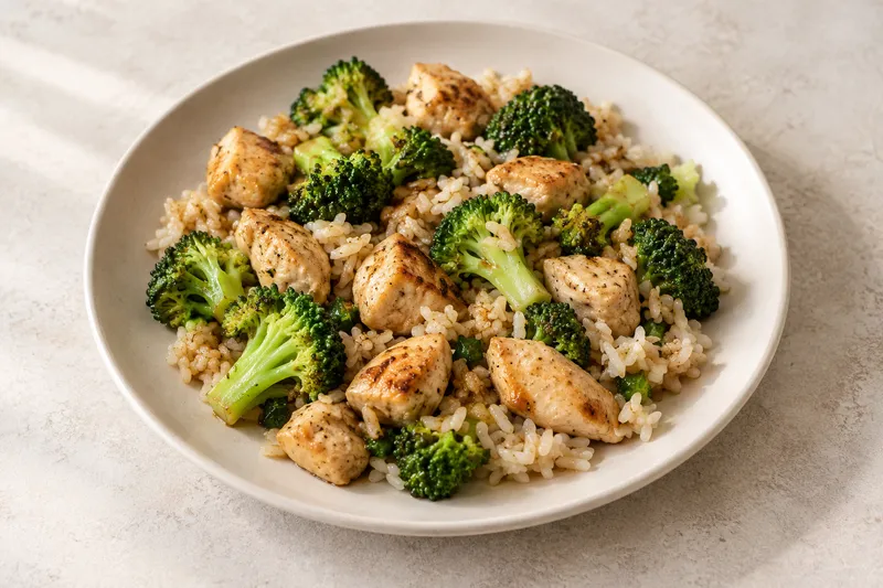 Golden chicken pieces with rice and green broccoli on a ceramic plate