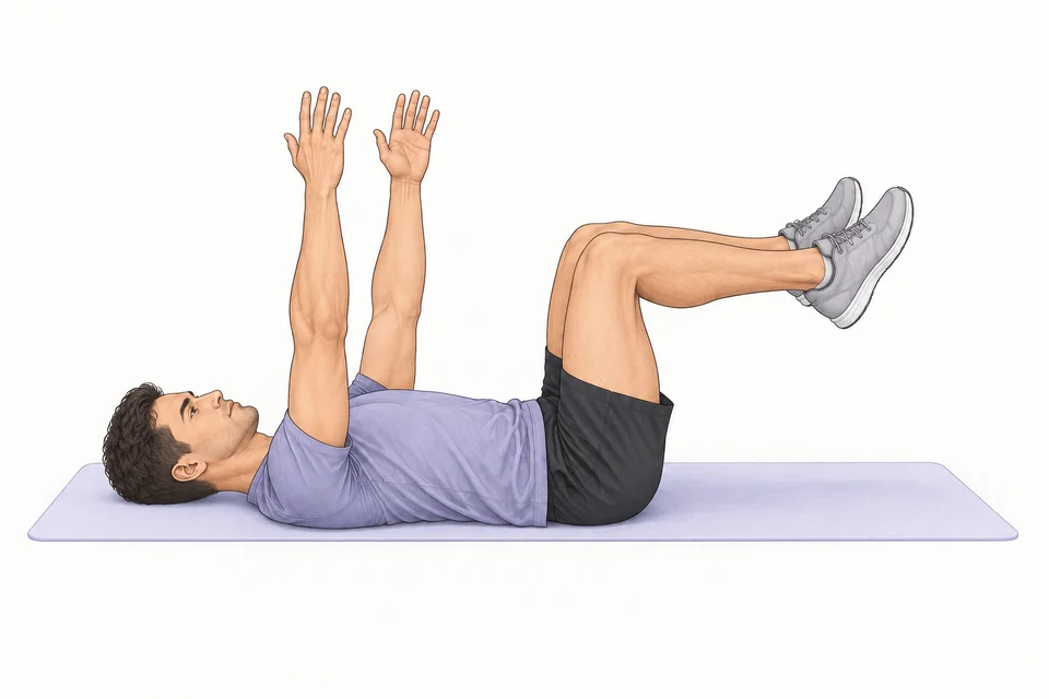 Dead bug starting position: lying on the back with both arms vertical and hips and knees bent to about ninety degrees.