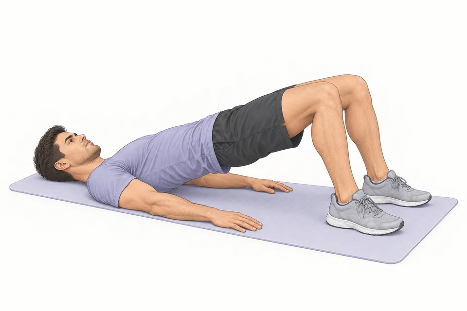 Glute bridge illustration: shoulders and feet remain on the mat while the hips lift.