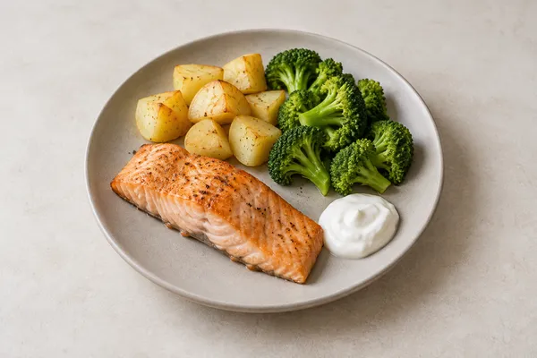 Baked salmon with distinct portions of potato pieces, broccoli and plain yogurt