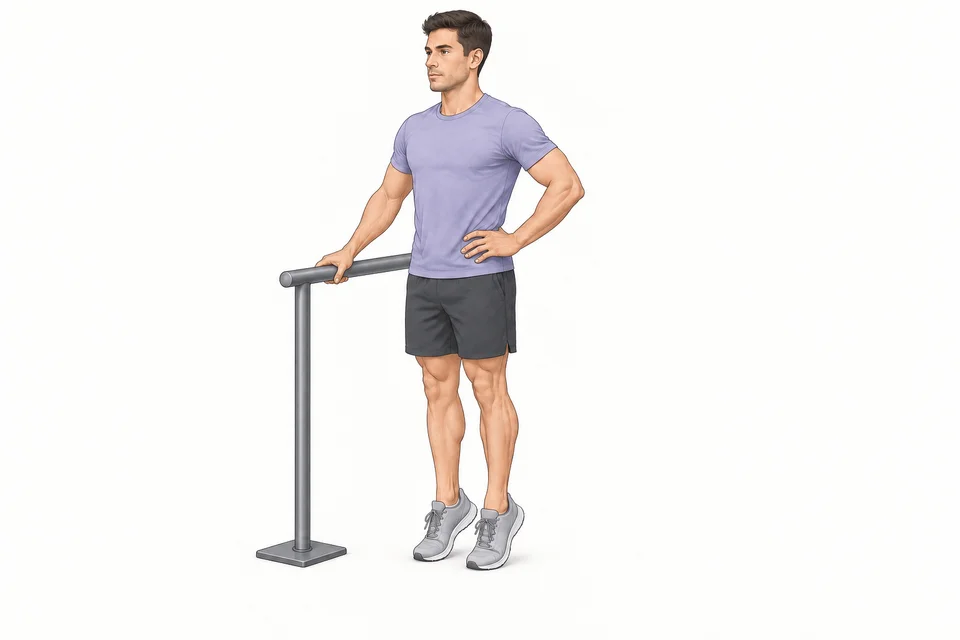 Standing calf raise illustration: both heels lift from the floor with one hand lightly holding a fixed rail.