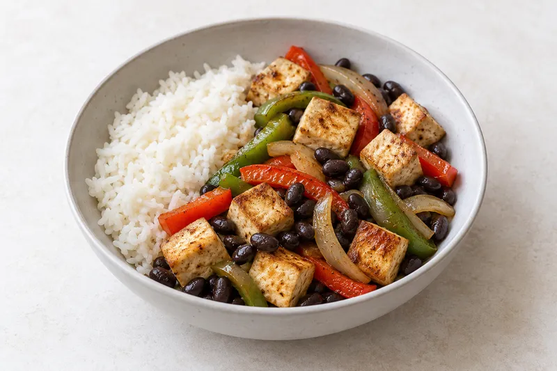 Golden tofu, black beans, red and green peppers and onion beside white rice