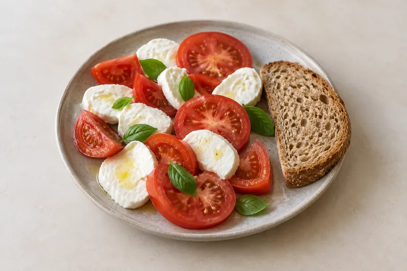 Tomato slices, fresh mozzarella and whole-wheat bread on a simple ceramic plate