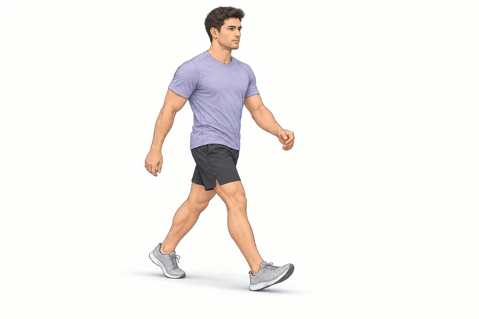 Walking illustration: an upright stride with a grounded heel and relaxed opposite arm swing.